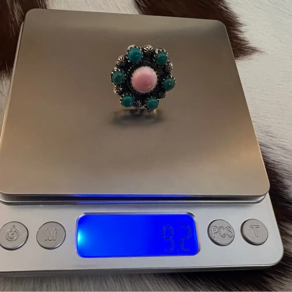 ❤️ Queen Pink Conch & Kingman Turquoise 925 Navajo Style Cluster Ring Size 6.75